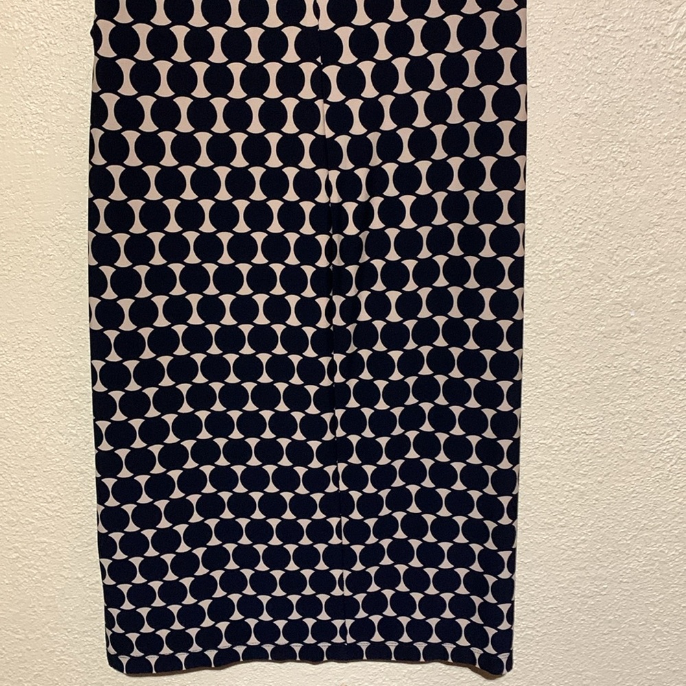 Connected Apparel Dress 8 Stretchy Tan Black Navy Pull Over Ruched Dots - Picture 12 of 16